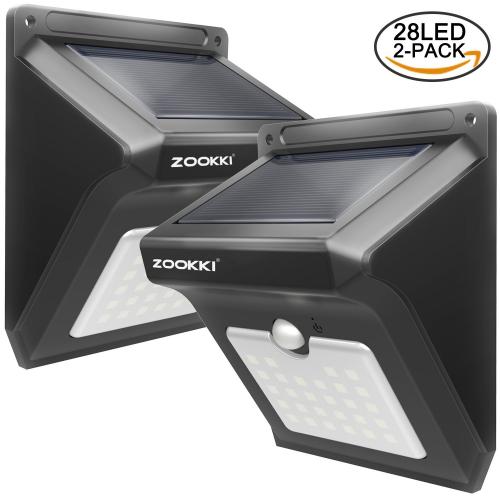 Zookki Upgraded 28 LEDs Wireless Solar Motion Sensor Light Rechargeable Waterproof Security Lights Powerful for Outdoors Wall Garden Patio Yard Pathway Weatherproof Outdoor Night Lighting 2 Pack